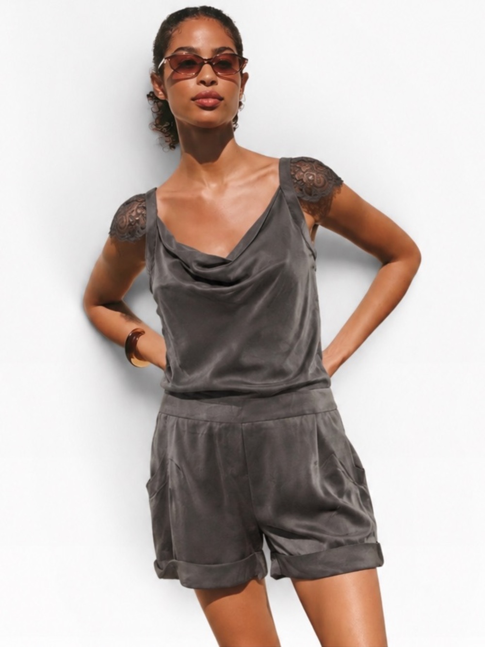 Super Trash Born in LA 100% Silk Romper With Lace Detail - Small